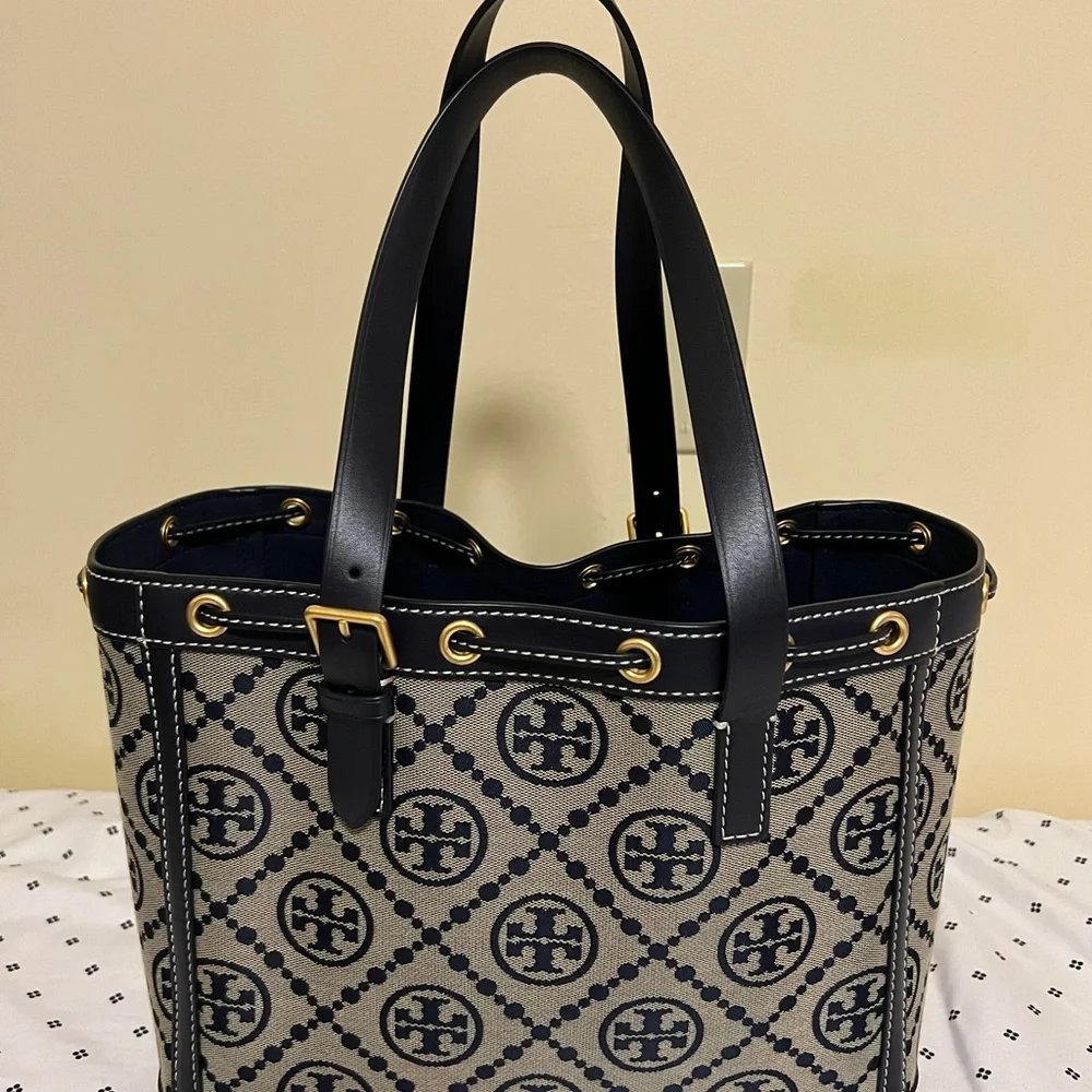 Tory Burch Navy and Cream Monogram Jacquard Small Tote